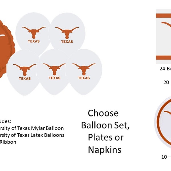 University of Texas Balloons, University of Texas Longhorns Balloons, University of Texas Lunch Napkins, University of Texas Beverage Napkin