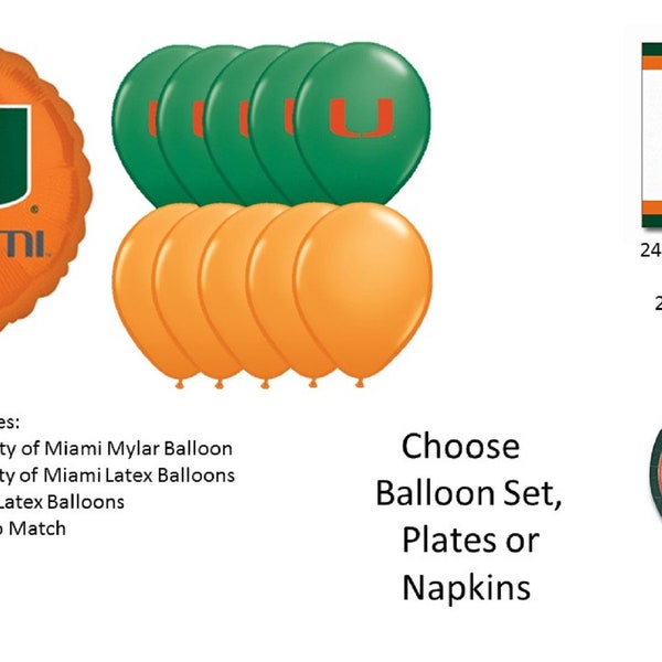 University of Miami Balloons, University of Miami Hurricanes Balloons, University of Miami Napkins, Miami Plates