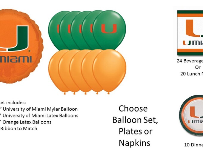 University of Miami Balloons, University of Miami Hurricanes Balloons, University of Miami Napkins, Miami Plates