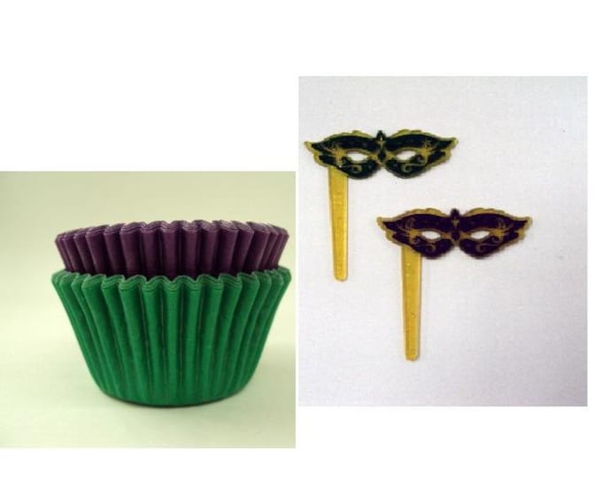 Mardi Gras Mask Picks with Purple & Green Baking Cups