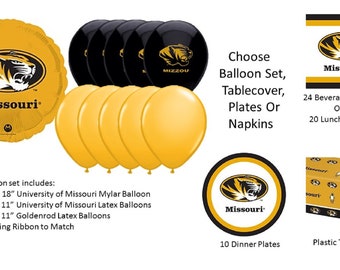 University of Missouri Balloons, Tigers Balloons, University of Missouri Napkins, University of Missouri Tablecover, Missouri Plates