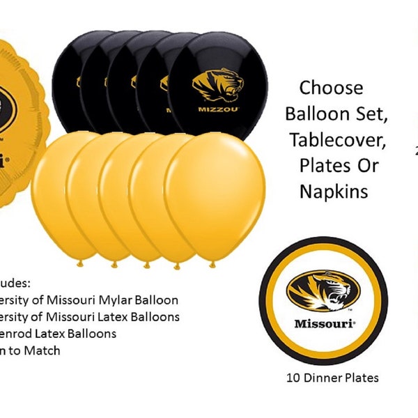 University of Missouri Balloons, Tigers Balloons, University of Missouri Napkins, University of Missouri Tablecover, Missouri Plates