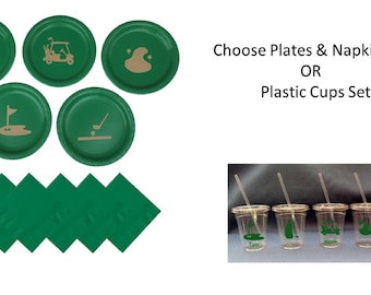 Golf Dinner Plates, Golf Dessert Plates -  with Solid Color Napkins - Set for 5 People, Golf 9" Plates, Golf 7" plates, Golf Cups