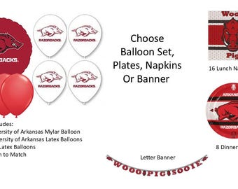 University of Arkansas Balloons, Razorbacks balloons, University of Arkansas Napkins, University of Arkansas Plates