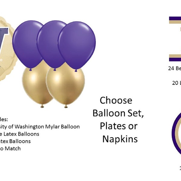 University of Washington Balloons, University of Washington Dawgs Balloons, University of Washington Napkins, Washington Plates