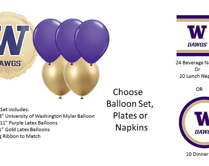 University of Washington Balloons, University of Washington Dawgs Balloons, University of Washington Napkins, Washington Plates