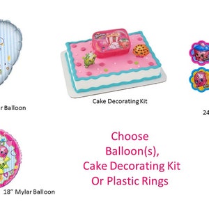 May include: A Shopkins birthday party supplies set with a choice of a 28-inch heart-shaped or 18-inch round Mylar balloon, a cake decorating kit, or 24 plastic rings. Choose Balloon(s), Cake Decorating Kit Or Plastic Rings.