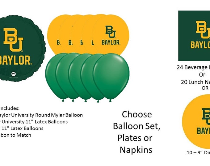 Baylor University Balloons, Baylor Bears balloons, Baylor Napkins, Baylor Plates, Baylor Dinner Plates
