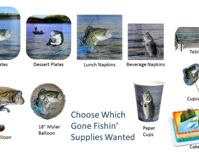 Gone Fishin' Plates, Gone Fishing Napkins, Gone Fishing Cups, Fishing Cake Decorating Kit, Fishing Picks, Gond Fishing Balloons