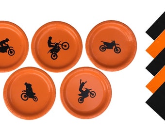 Motocross Dinner Plates, Motocross Dessert Plates - with Solid Color Napkins - Set for 5 People