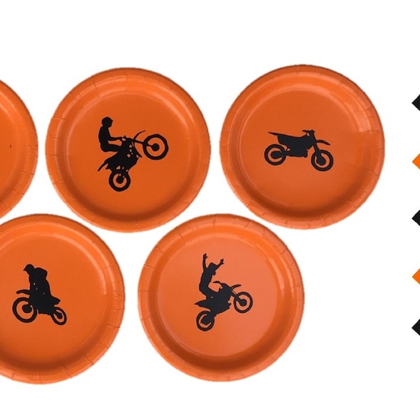 Motocross Dinner Plates, Motocross Dessert Plates - with Solid Color Napkins - Set for 5 People