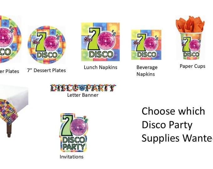 Flashback Fever Plates, Napkins, Cups, Tablecover, Banner, Invitations, Disco Plates, Disco Napkins, Disco Tablecover, Disco Banner