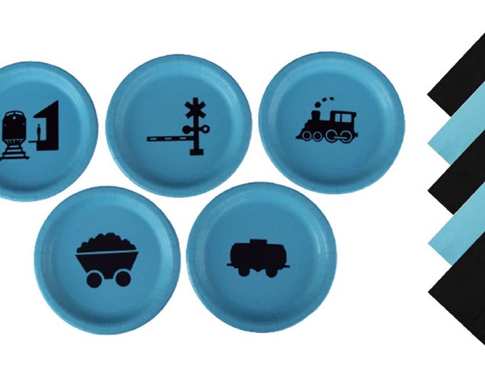 Train Dinner Plates, Train Dessert Plates - with Solid Color Napkins - Set for 5 People