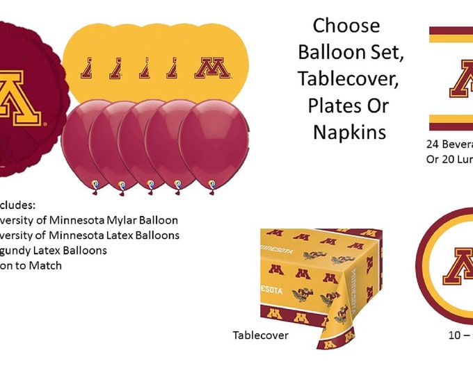 University of Minnesota Balloons, Minnesota University balloons, Minnesota napkins, Minnesota tablecover, Minnesota plates