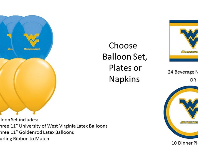 University of West Virginia Balloons, University of West Virginia Plates, West Virginia Napkins