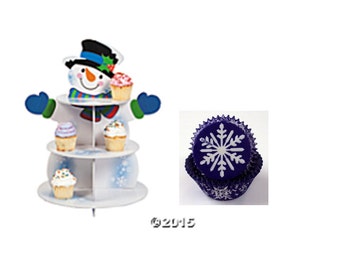 Snowman Cupcake Stand with 24 Snowflake Baking Cups