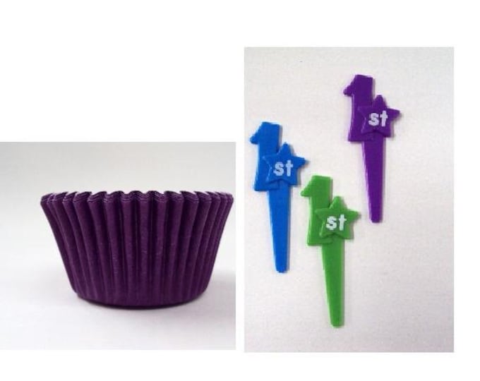 First Birthday Cupcake Picks with Purple Baking Cups