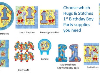 Hugs & Stitches 1st Birthday Party Supplies Plates Napkins Loot Bags Candle Invitations Thank You Notes Blowouts Balloon Gift Wrap