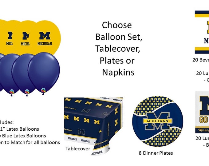 University of Michigan Balloons, U of M Balloons, University of Michigan Lunch Napkins, University of Michigan Tablecover, Michigan Plates