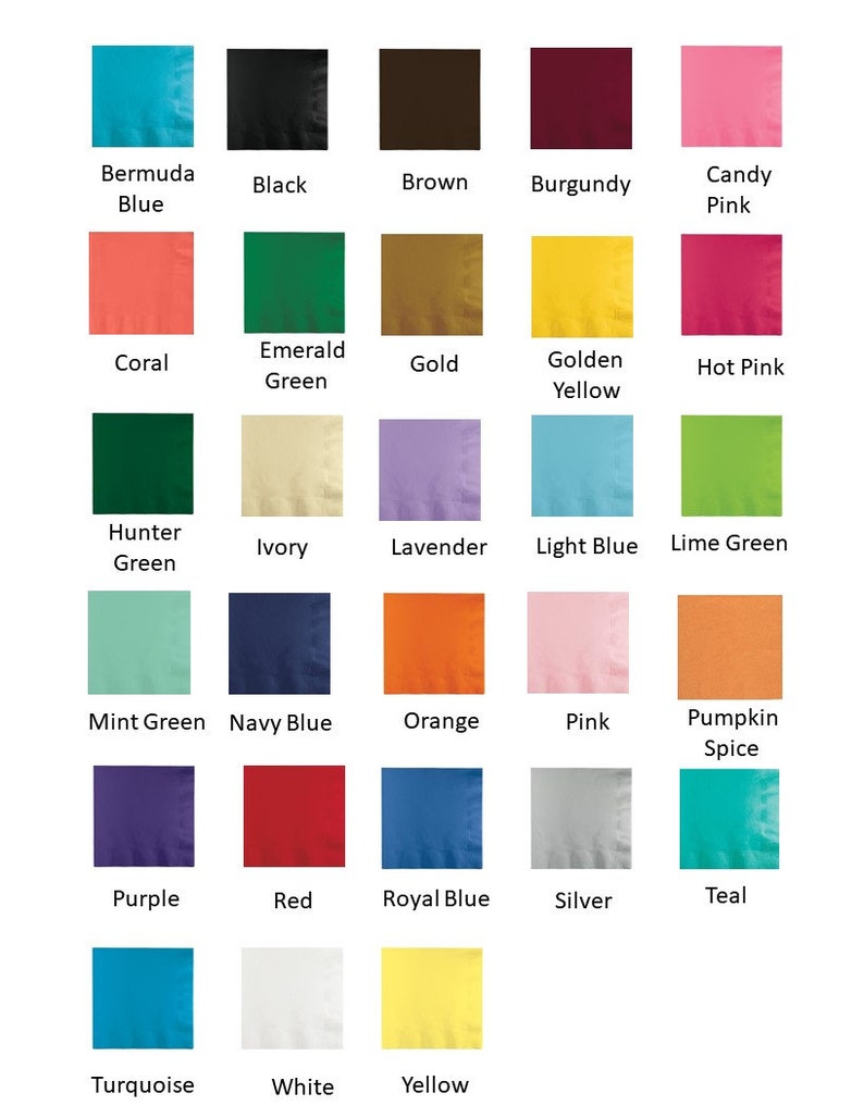 May include: A colour chart displaying 28 coloured squares, each labelled with a colour name. Colours include Bermuda Blue, Black, Brown, Burgundy, Candy Pink, Coral, Emerald Green, Gold, Golden Yellow, and Hot Pink.