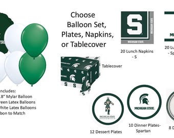Michigan State University Balloons, MSU Balloons, Michigan State Tablecover, Michigan State University Napkins, Michigan State Plates