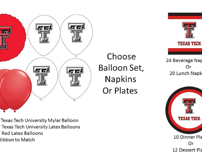Texas Tech University Balloons, Texas Tech University Red Raiders Balloons, Texas Tech Napkins, Texas Tech Plates