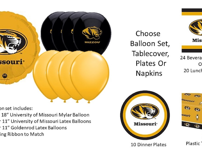 University of Missouri Balloons, Tigers Balloons, University of Missouri Napkins, University of Missouri Tablecover, Missouri Plates