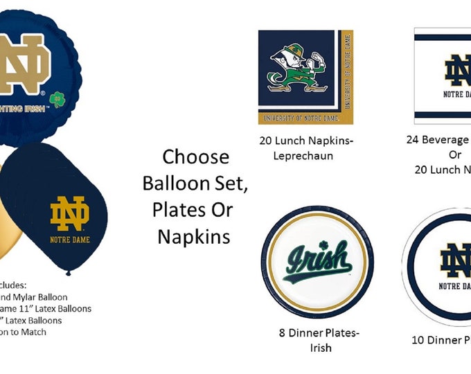 Notre Dame University Balloons, Notre Dame napkins, Notre Dame Plates