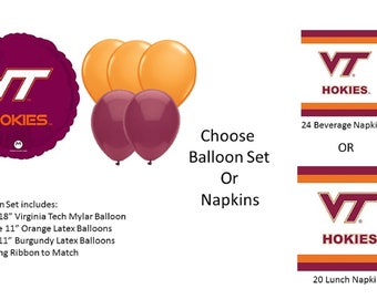 Virginia Tech University Balloons, Virginia Tech University Hokies Balloons, Virginia Tech Napkins