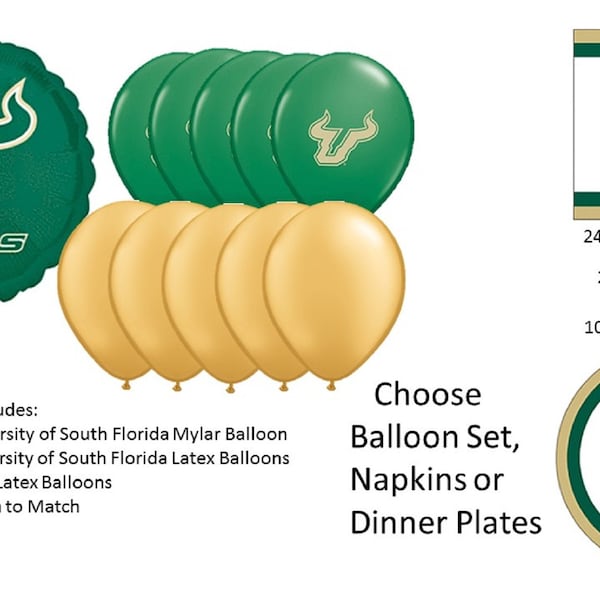 University of South Florida Balloons, University of South Florida Bulls Balloons, University of South Florida Napkins, South Florida plates