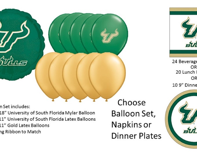 University of South Florida Balloons, University of South Florida Bulls Balloons, University of South Florida Napkins, South Florida plates