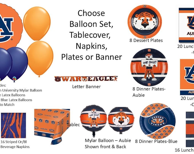 Auburn University Balloons, Auburn Tigers balloons, Auburn Napkins, Auburn University Napkins, Auburn Plates, Auburn Tablecover