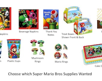 Super Mario Brothers Napkins, Mario Brothers Treat Boxes, Mario Brothers Cups. Mario Brothers Cake Dec Kit