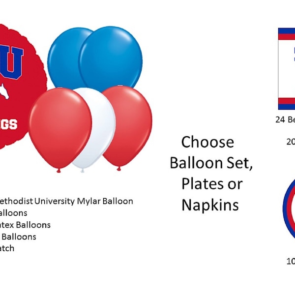Southern Methodist University Balloons, Southern Methodist University Mustangs Balloons, SMU Napkins, SMU Plates