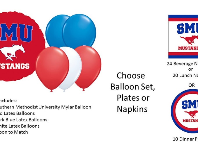 Southern Methodist University Balloons, Southern Methodist University Mustangs Balloons, SMU Napkins, SMU Plates