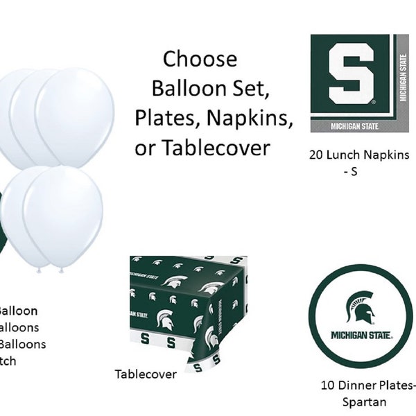 Michigan State University Balloons, MSU Balloons, Michigan State Tablecover, Michigan State University Napkins, Michigan State Plates