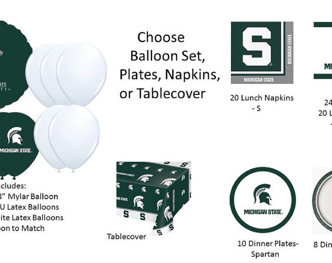 Michigan State University Balloons, MSU Balloons, Michigan State Tablecover, Michigan State University Napkins, Michigan State Plates