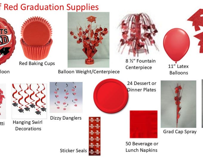Red Graduation Decorations, Red Grad Mylar Balloons, Red Graduation Decor, Red Plates, Red Napkins, Red Stickers