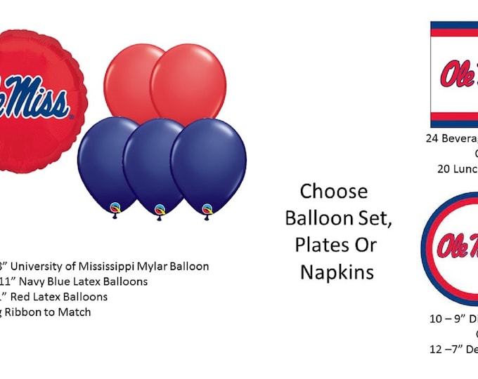 University of Mississippi Balloons, University Of Mississippi Beverage Napkins, University of Mississippi Lunch Napkins, Mississippi Plates