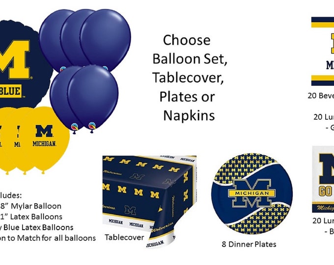 University of Michigan Balloons, U of M Balloons, University of Michigan Lunch Napkins, University of Michigan Tablecover, Michigan Plates