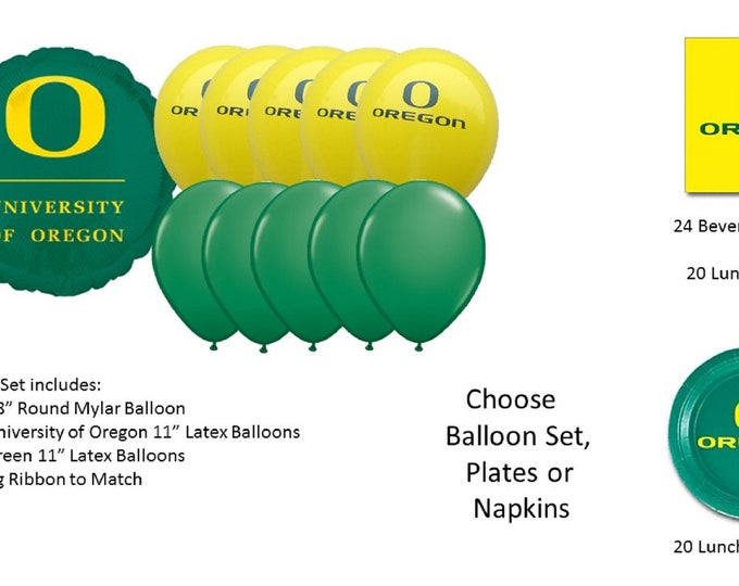 University of Oregon Balloons, University of Oregon napkins, University of Oregon Plates