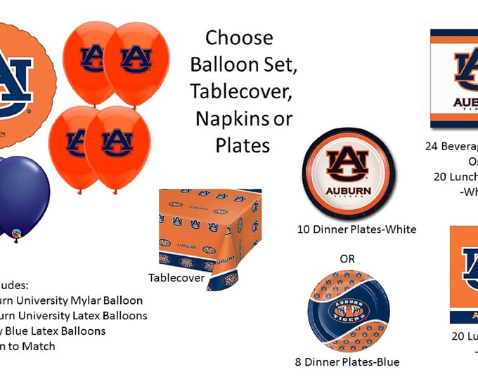 Auburn University Balloons, Auburn Tigers balloons, Auburn Napkins, Auburn University Napkins, Auburn Plates, Auburn Tablecover