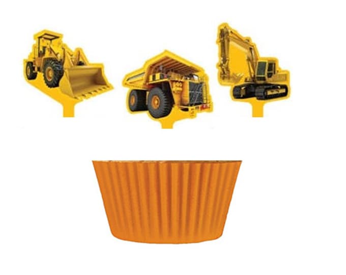 Construction Truck Cupcake Picks with 12 Orange Baking Cups