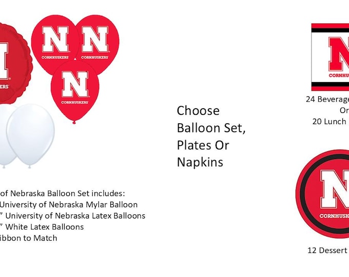 University of Nebraska Balloons, Cornhuskers Balloons, University of Nebraska Napkins, Nebraska Plates