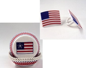 15 American Flag Rings with American Flag Baking Cups