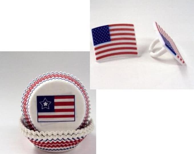 15 American Flag Rings with American Flag Baking Cups
