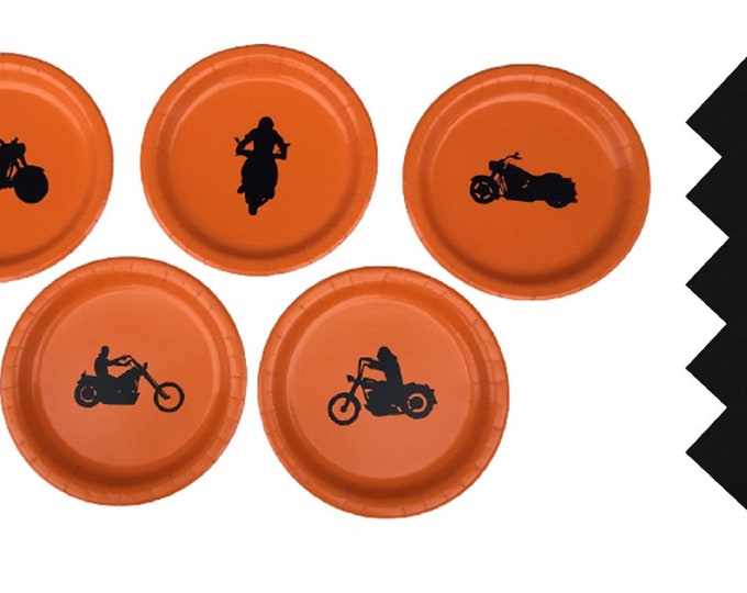 Motorcycle Dinner Plates with Solid Color Napkins for 5 People, Motorcycle 9" Dinner Plates