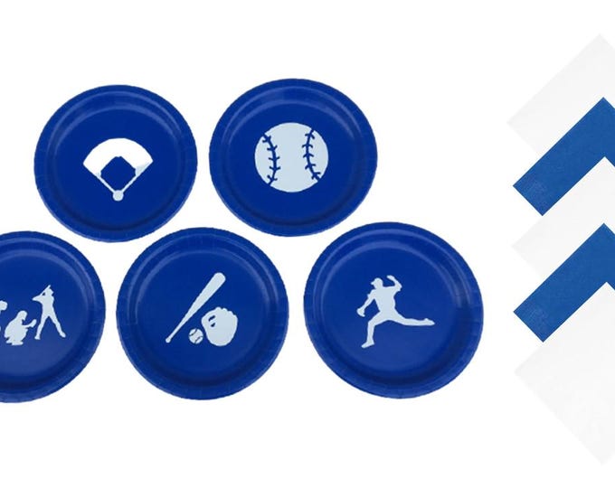 Baseball Dinner Plates, Baseball Dessert Plates - with Solid Color Napkins - Set for 5 People
