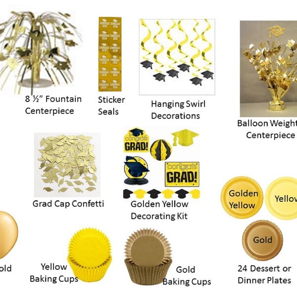 Gold Graduation Decorations, Gold Graduation Decor, Yellow Graduation Decorations, Golden Yellow Room Decorating Kit