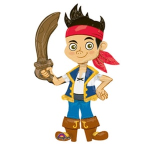 May include: A cartoon pirate character with brown hair, a red bandana, and a blue vest holding a brown sword.